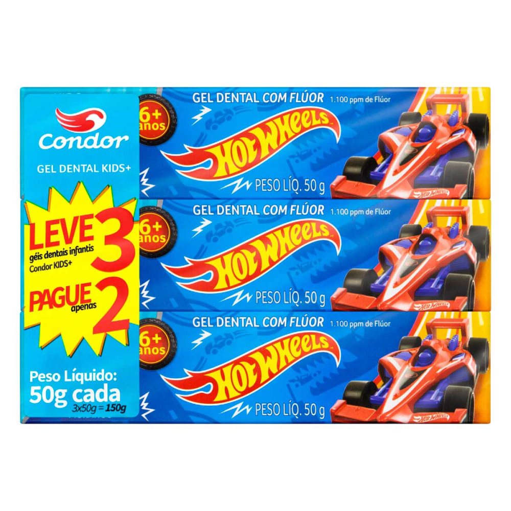 Kit Condor Gel Dental Infantil Bambinos 3 Hot Wheels 3 Unidades de 50g