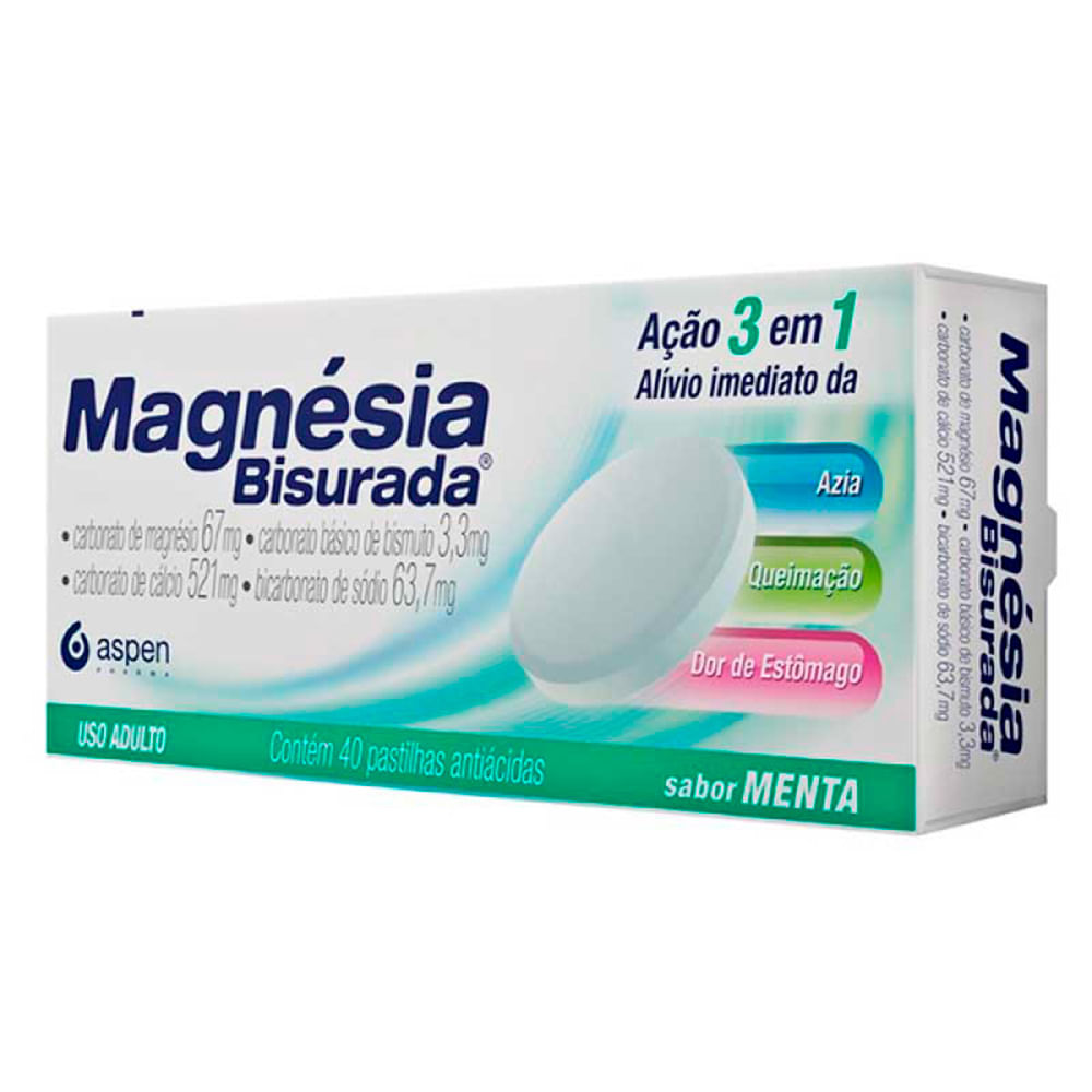 Magnésia Bisurada Menta 67,0mg/3,3mg/521,0mg/63,7mg 40 Pastilhas