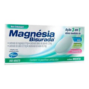Magnésia Bisurada Menta 67,0Mg/3,3Mg/521,0Mg/63,7Mg 10 Pastilhas