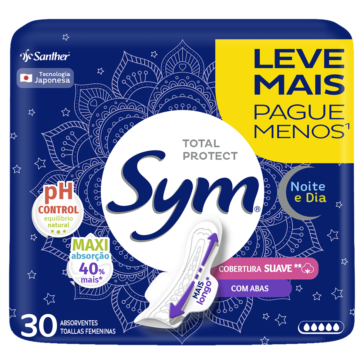 Absorvente Sym Noite & Dia Cobertura Suave Com Abas Com 30 Mais Por Menos