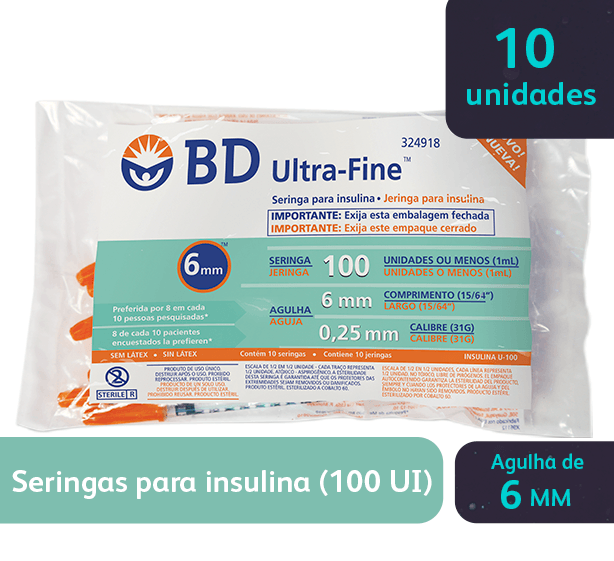 Seringa De Insulina Ultra-fine 6mm 0.25 10 Unidades