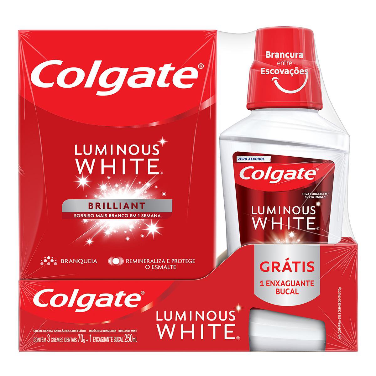 Kit Creme Dental Colgate Luminous White 3 Unidades 70g + Enxaguante Bucal 250ml
