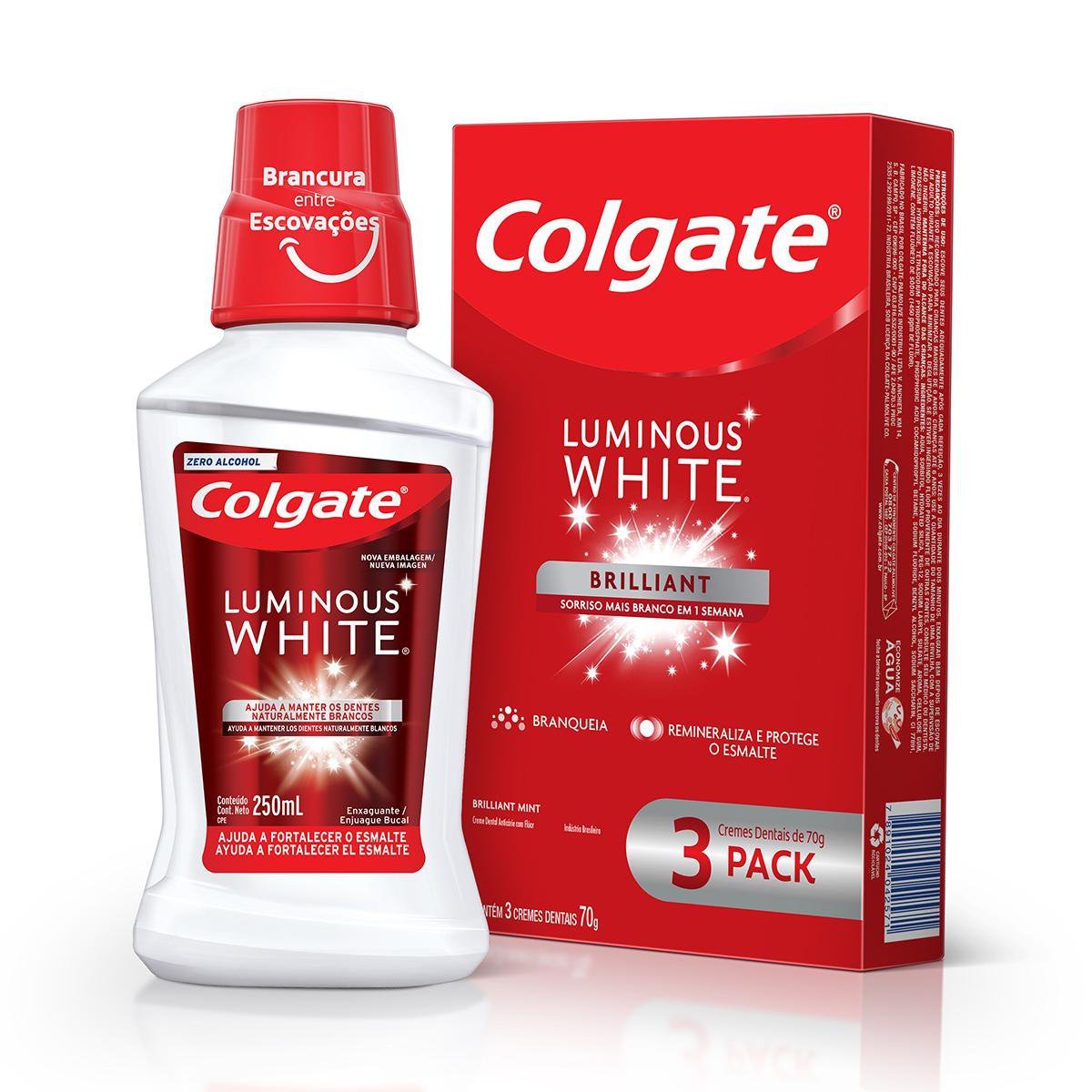 Kit Creme Dental Colgate Luminous White 3 Unidades 70g + Enxaguante Bucal 250ml - Imagem 2