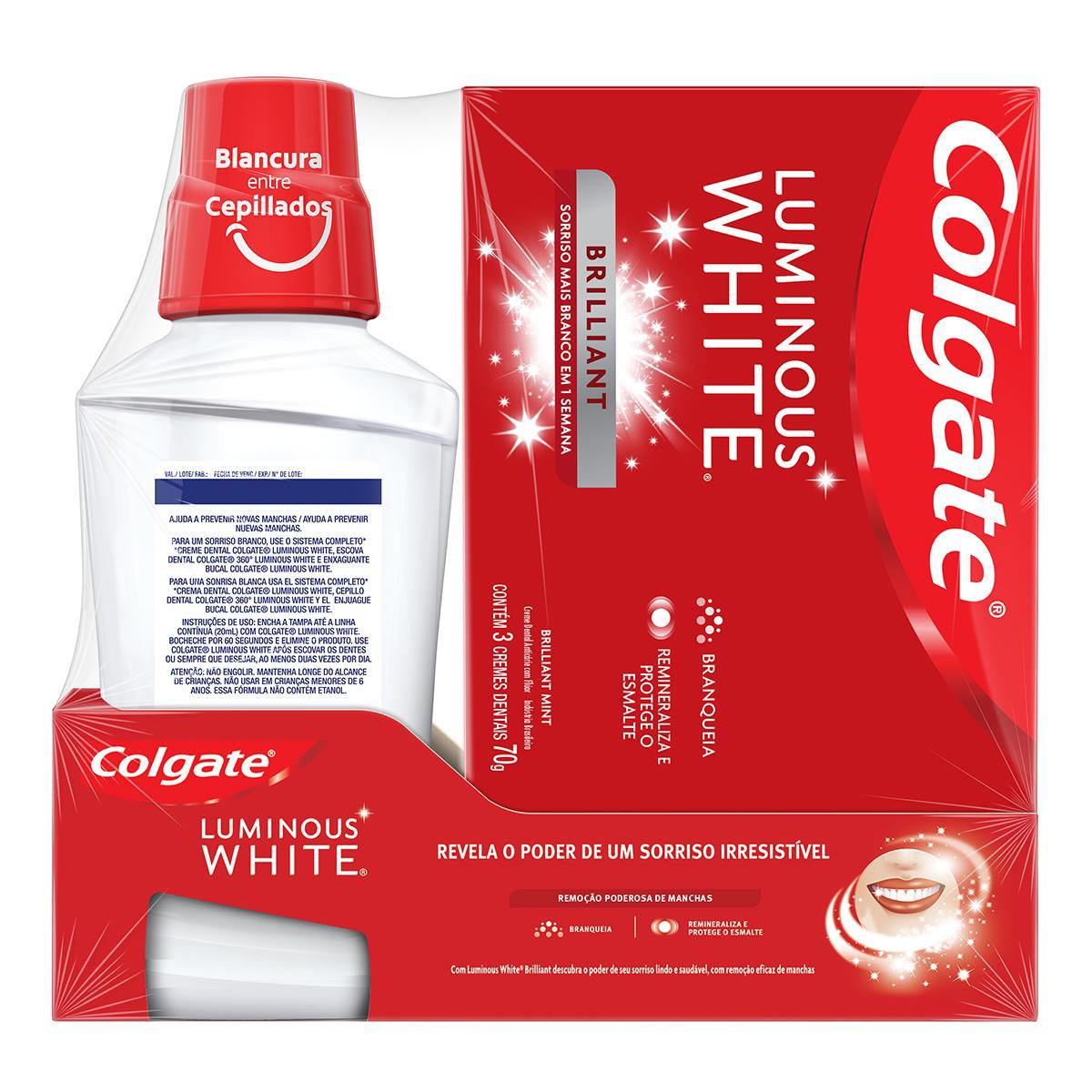 Kit Creme Dental Colgate Luminous White 3 Unidades 70g + Enxaguante Bucal 250ml - Imagem 3