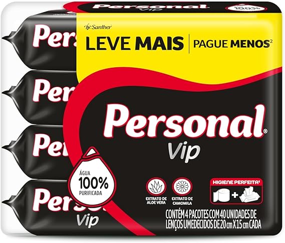 Kit 4 Lenços Umedecidos Personal Vip 40 Unidades