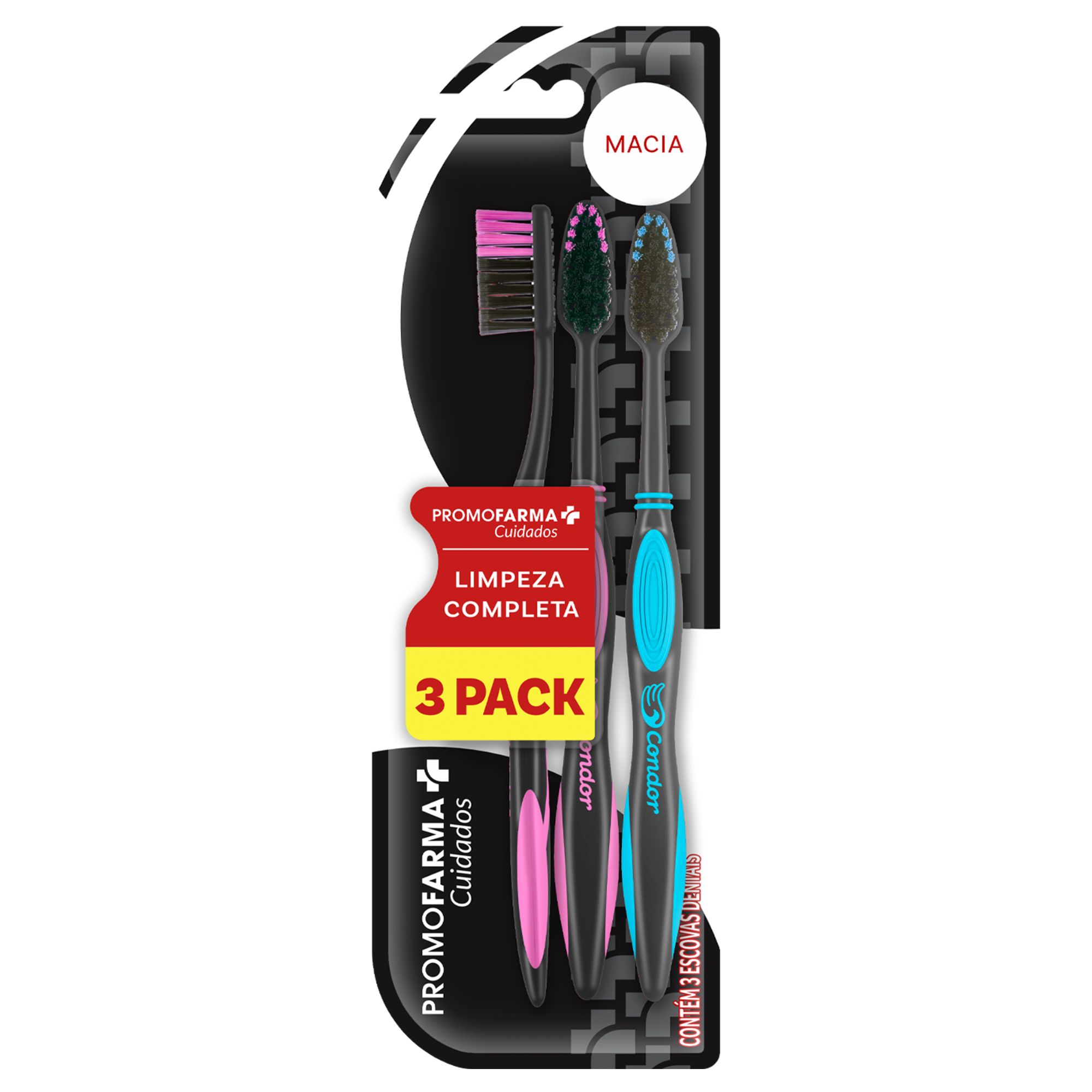 Escova Dental Promofarma Preta 3 Unidades
