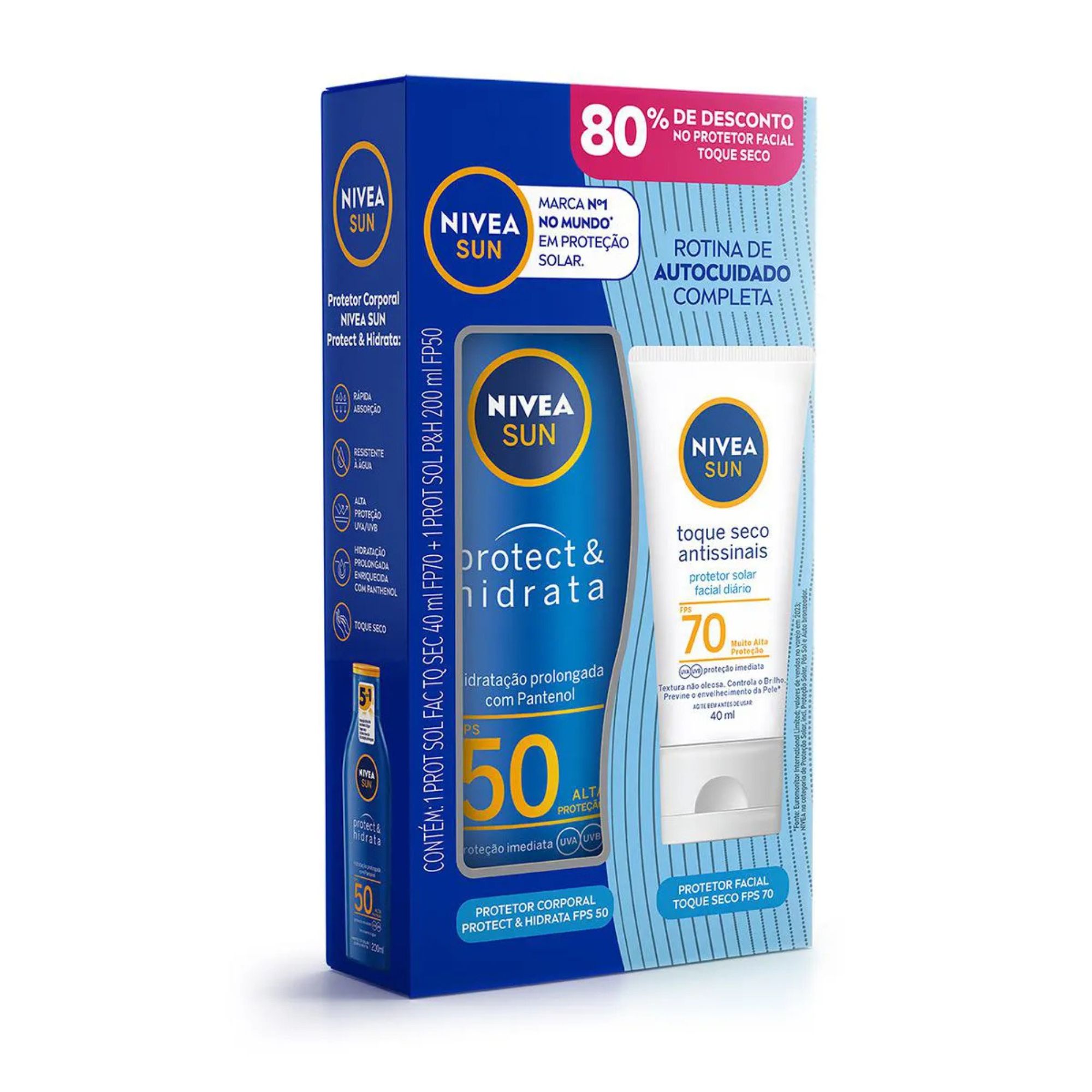Kit Nivea Sun Protetor Solar Protect & Hidrata Fps50 200ml + Protetor Solar Facial Toque Seco Antissinais Fps70 40ml - Imagem 2