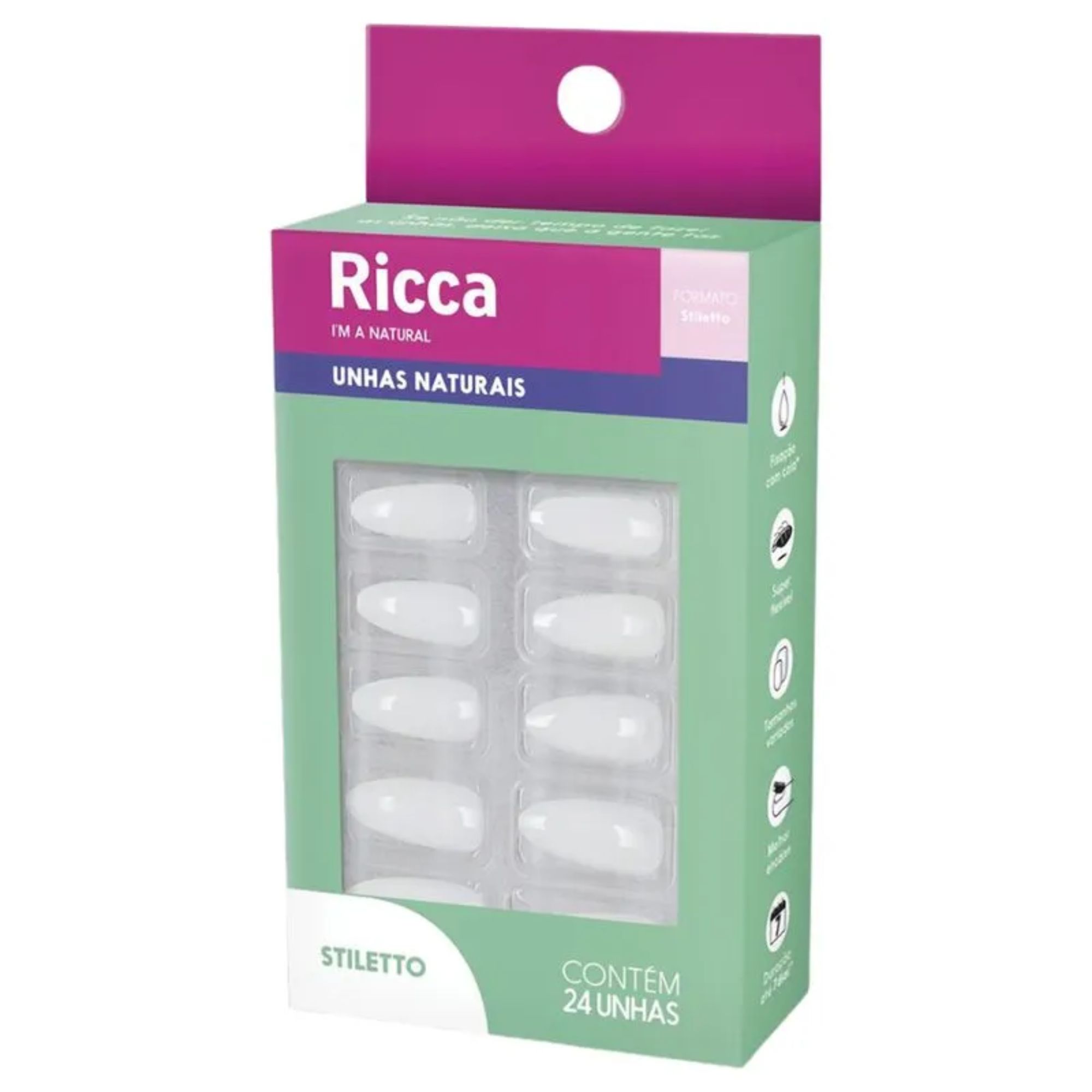 Unhas Naturais Ricca Stiletto 24 Unidades