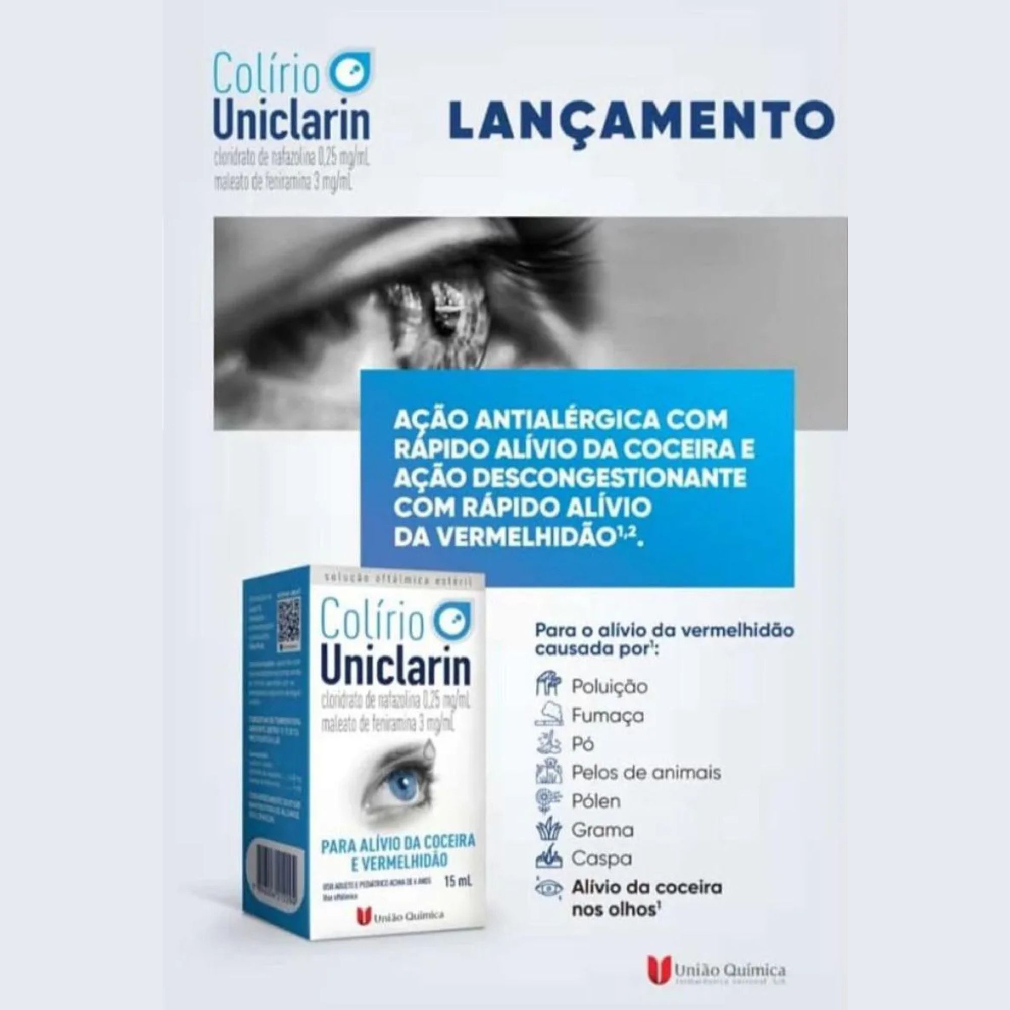 Colírio Uniclarin Cloridrato De Nafazolina 0,25mg/ml + Maleato De Feniramina 3mg/ml Solução 15ml - Imagem 2