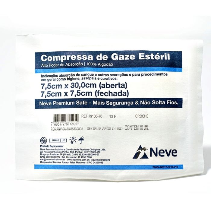 Compressas De Gaze Estéril Neve 13 Fios 7.5x7.5cm 10 Unidades