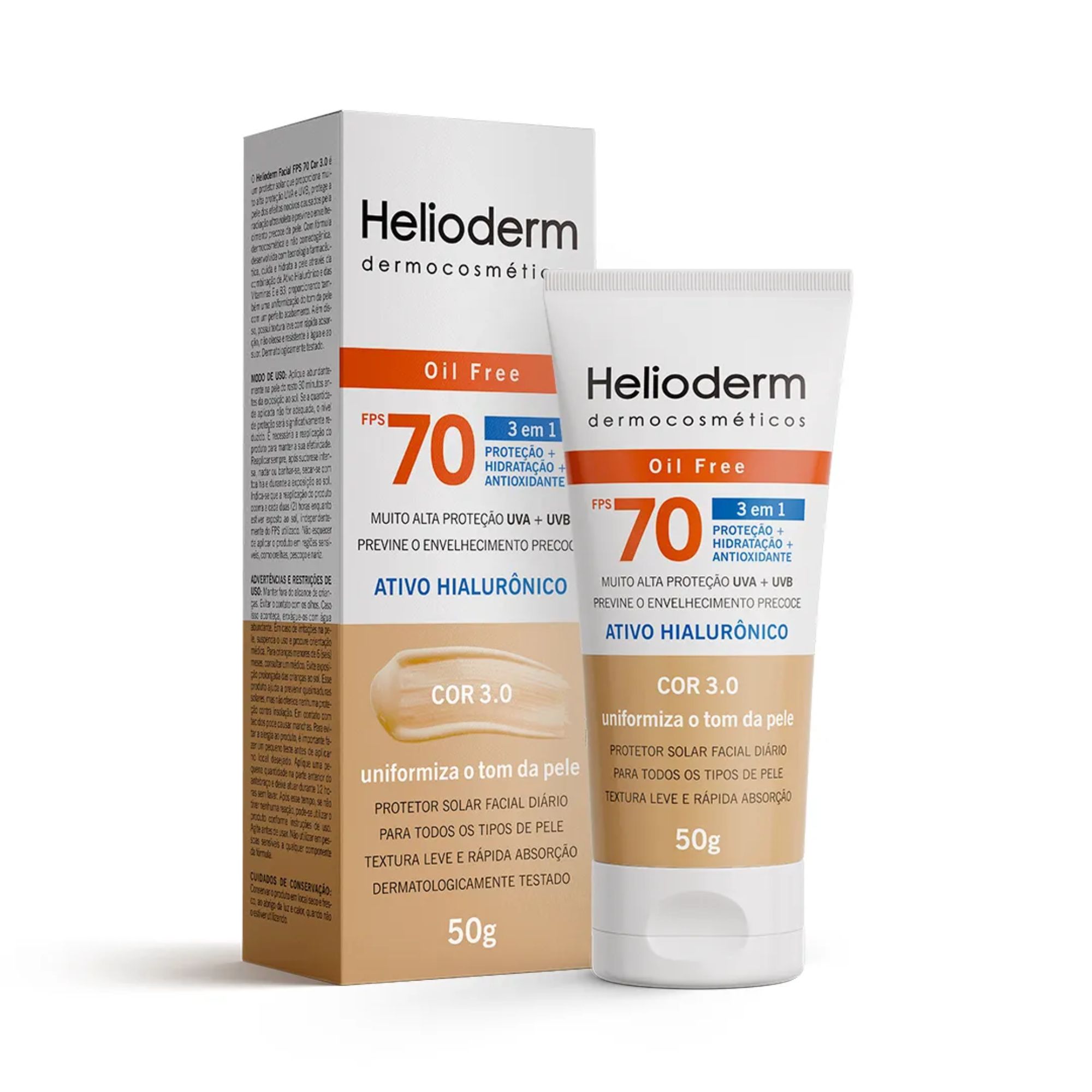 Protetor Solar Facial Helioderm Fps 70 Ativo Hialurônico Bege Médio 50g