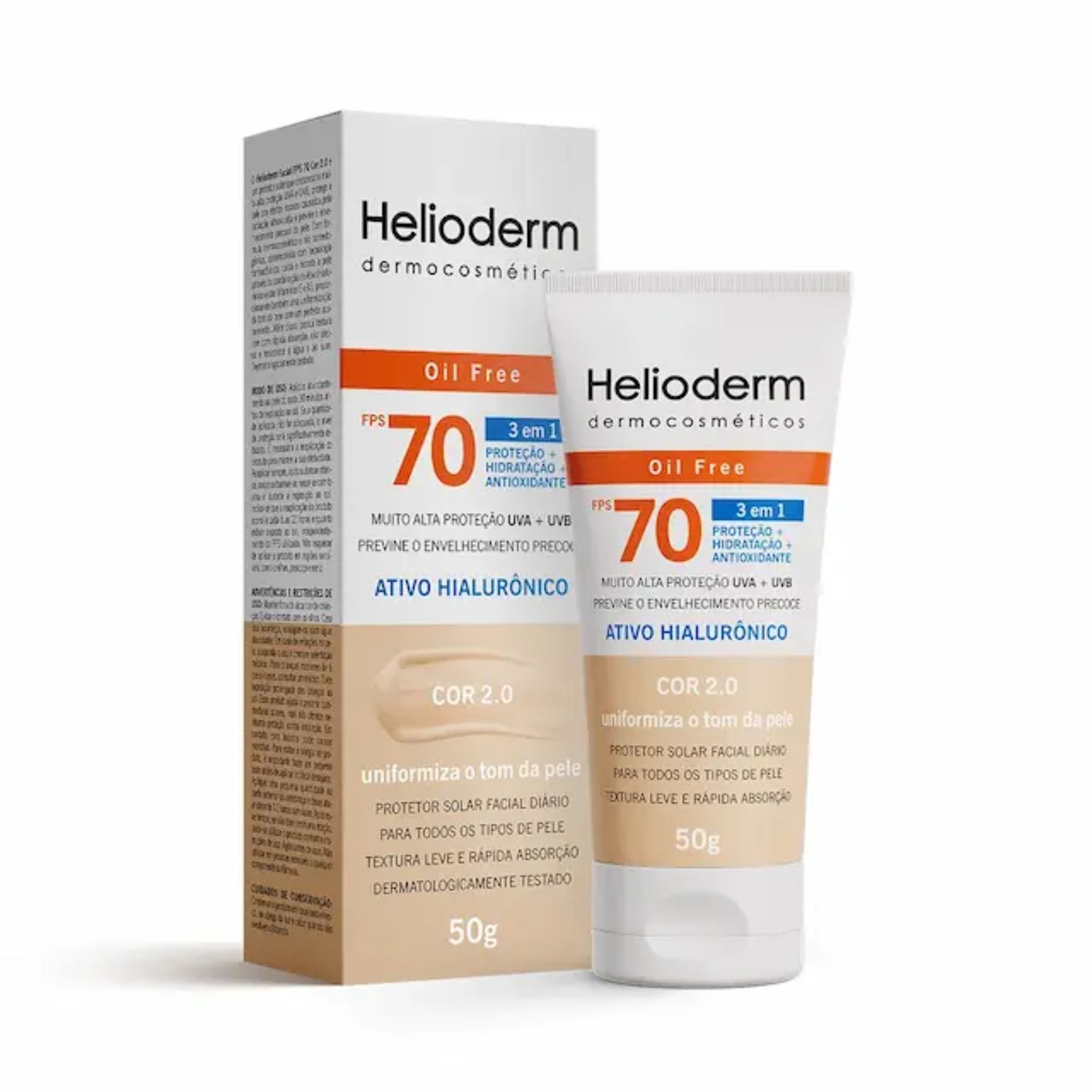 Protetor Solar Facial Helioderm Fps 70 Ativo Hialurônico Bege Claro 50g