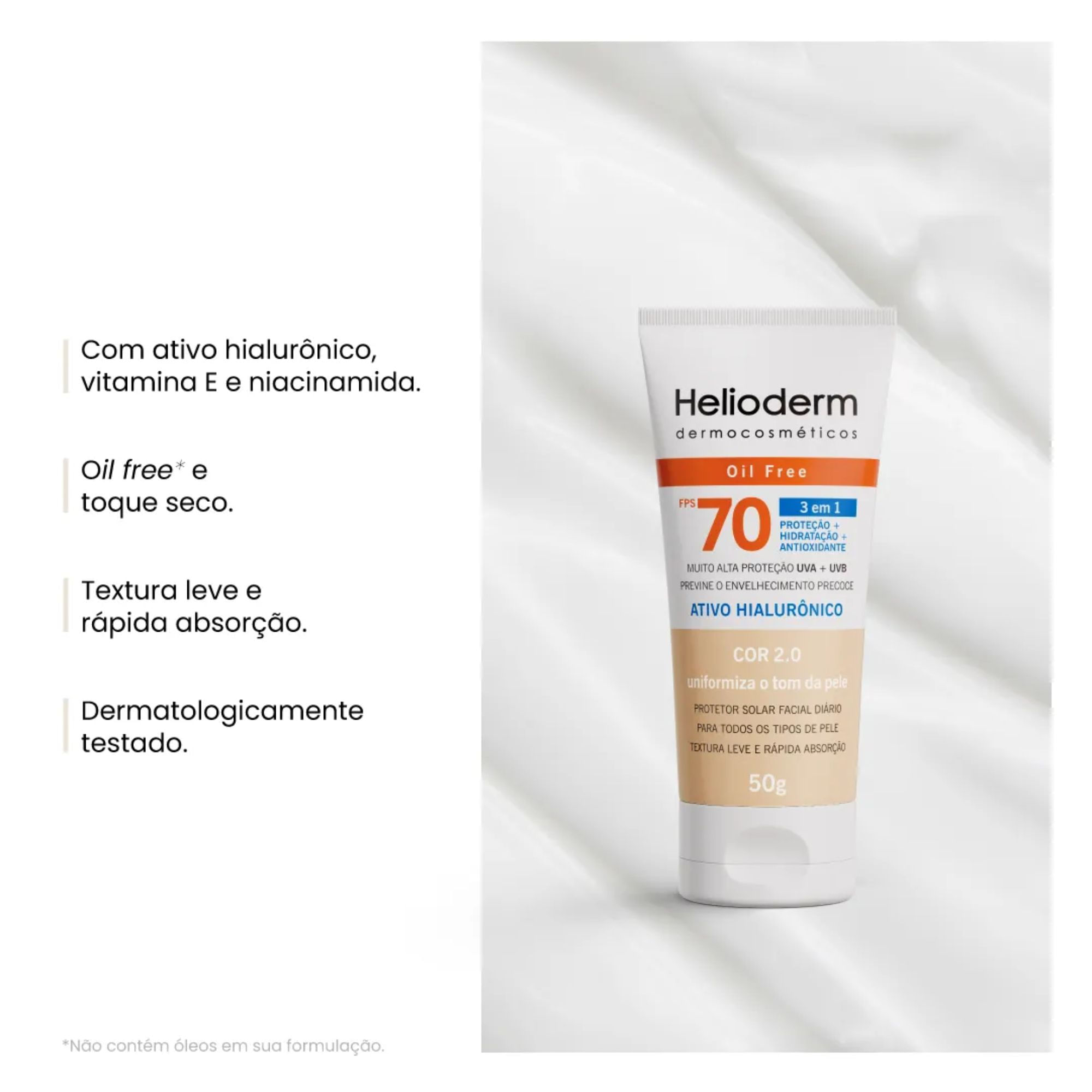 Protetor Solar Facial Helioderm Fps 70 Ativo Hialurônico Bege Claro 50g - Imagem 2