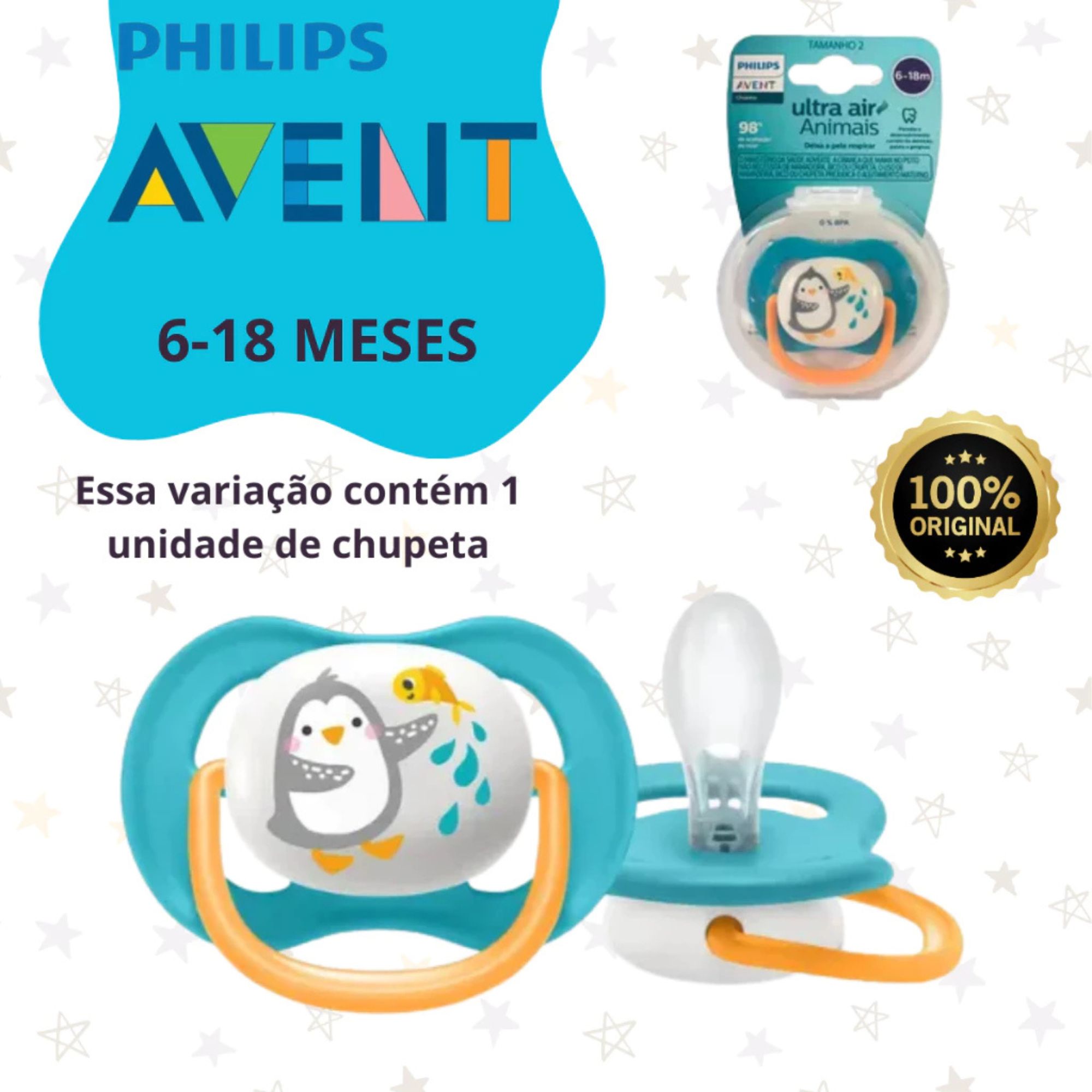 Chupeta Philips Avent Ultra Air 0-6m Pinguim Azul 1 Unidade - Imagem 4