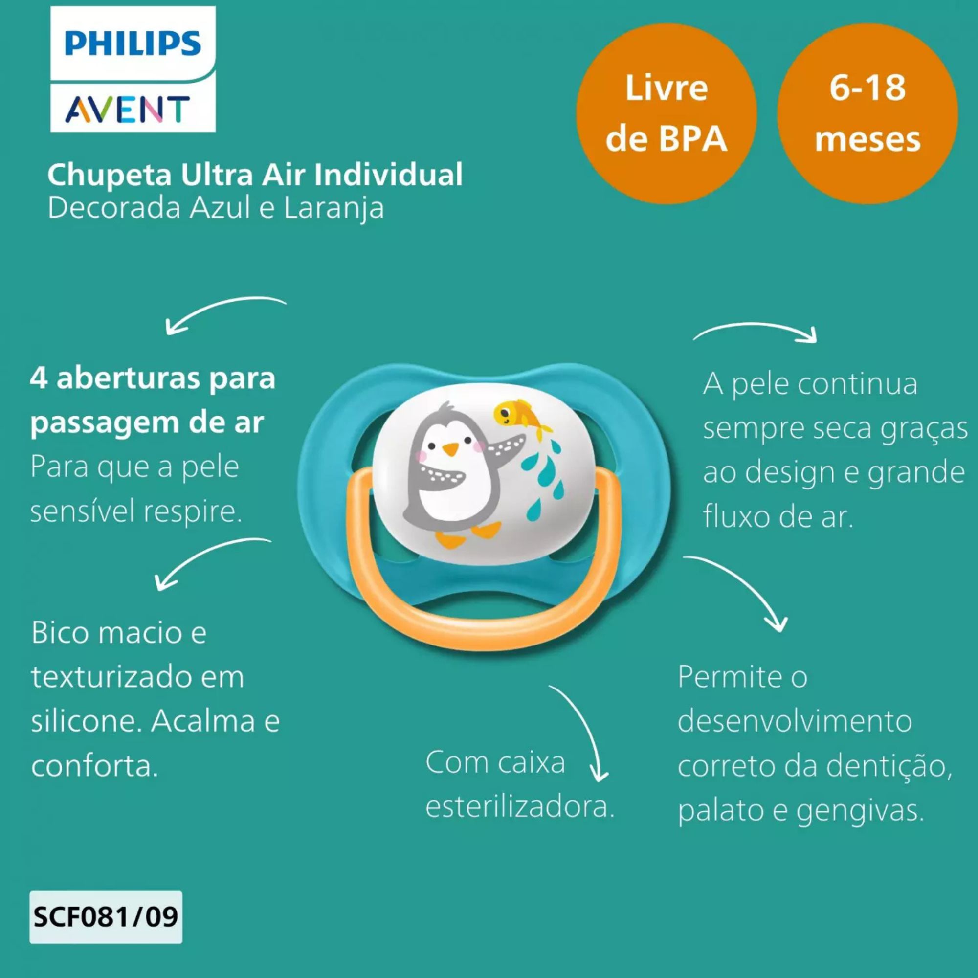 Chupeta Philips Avent Ultra Air 0-6m Pinguim Azul 1 Unidade - Imagem 5