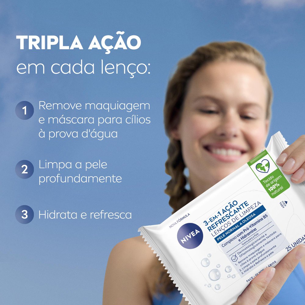 Lenços de Limpeza Facial Nivea Ação Refrescante 3 em 1 25 Unidades - Imagem 3