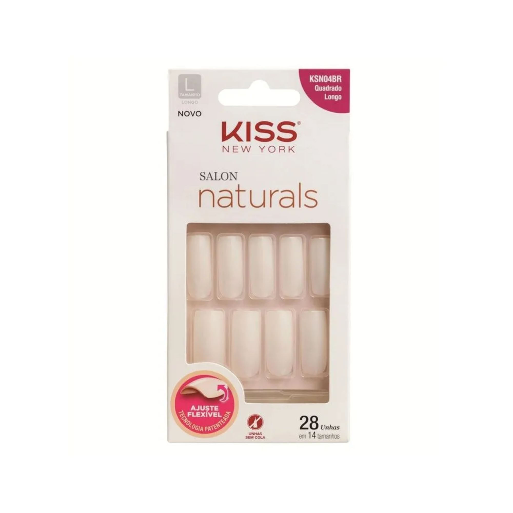 Unhas Postiças Salon Naturals Quadrado Longo Kiss New York com 28 Unidades