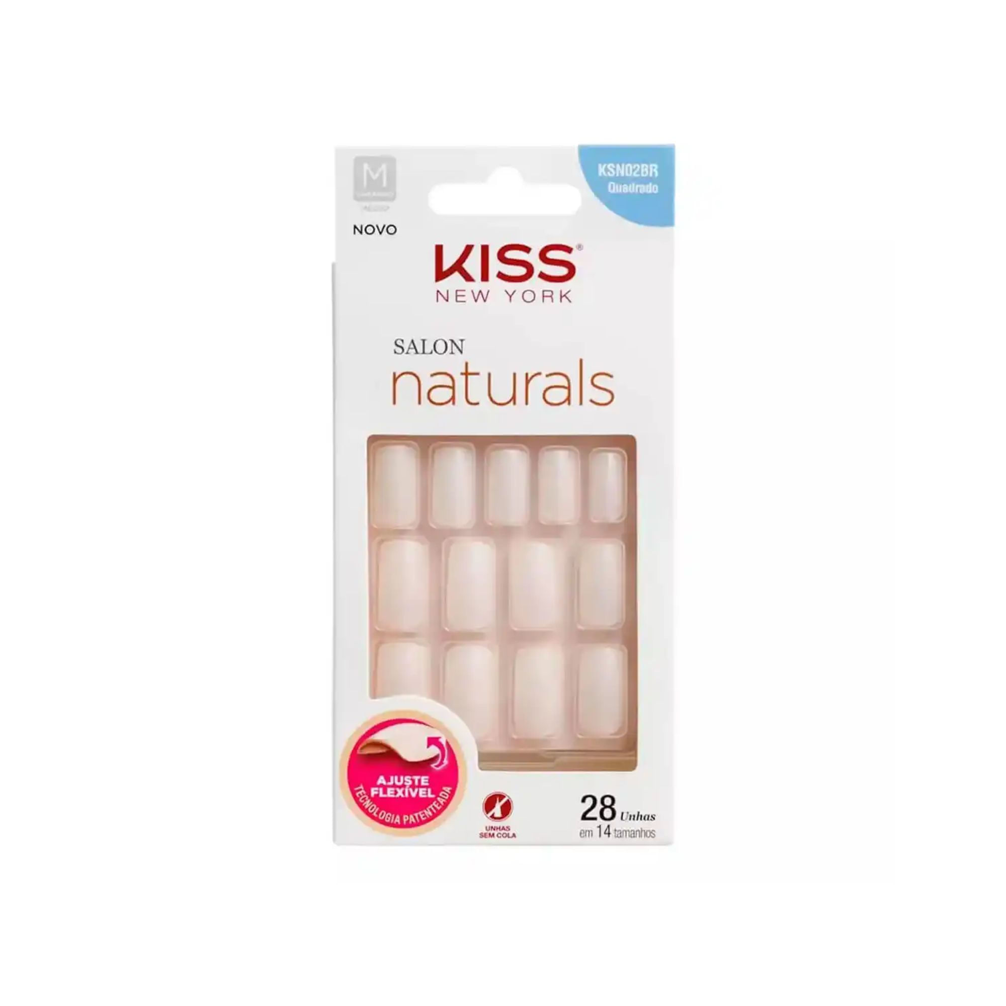 Unhas Postiça Kiss New York Salon Naturals Média Quadrada 28 Unidades