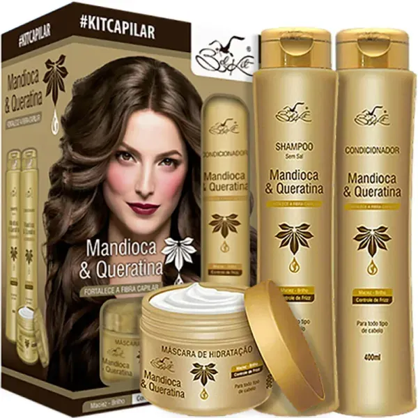 Kit Belkit Mandioca E Queratina Shampoo 400ml + Condicionador 400ml + Máscara 300g
