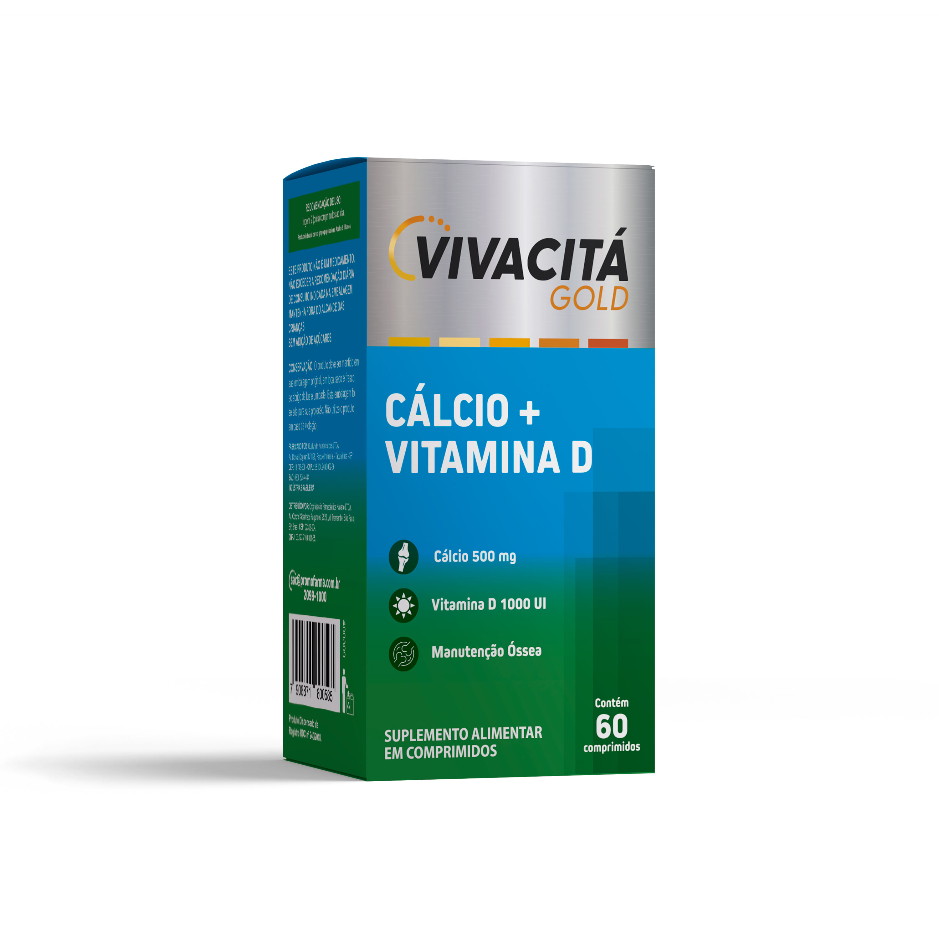 Cálcio 500mg + Vitamina D 1000UI Vivacitá Gold 60 Cápsulas