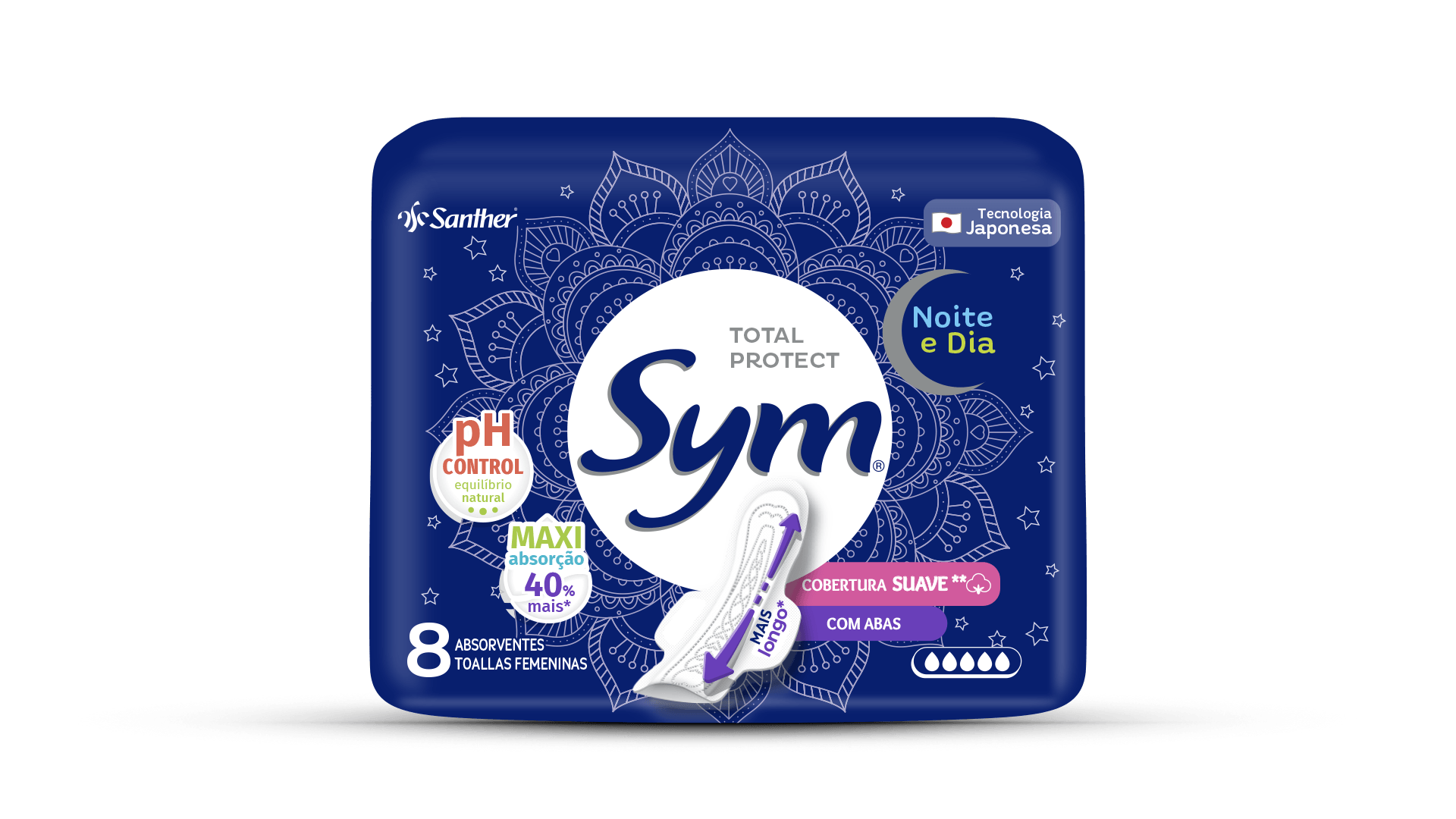 Absorvente Sym Total Protect Noite e Dia Suave com Abas 8 Unidades