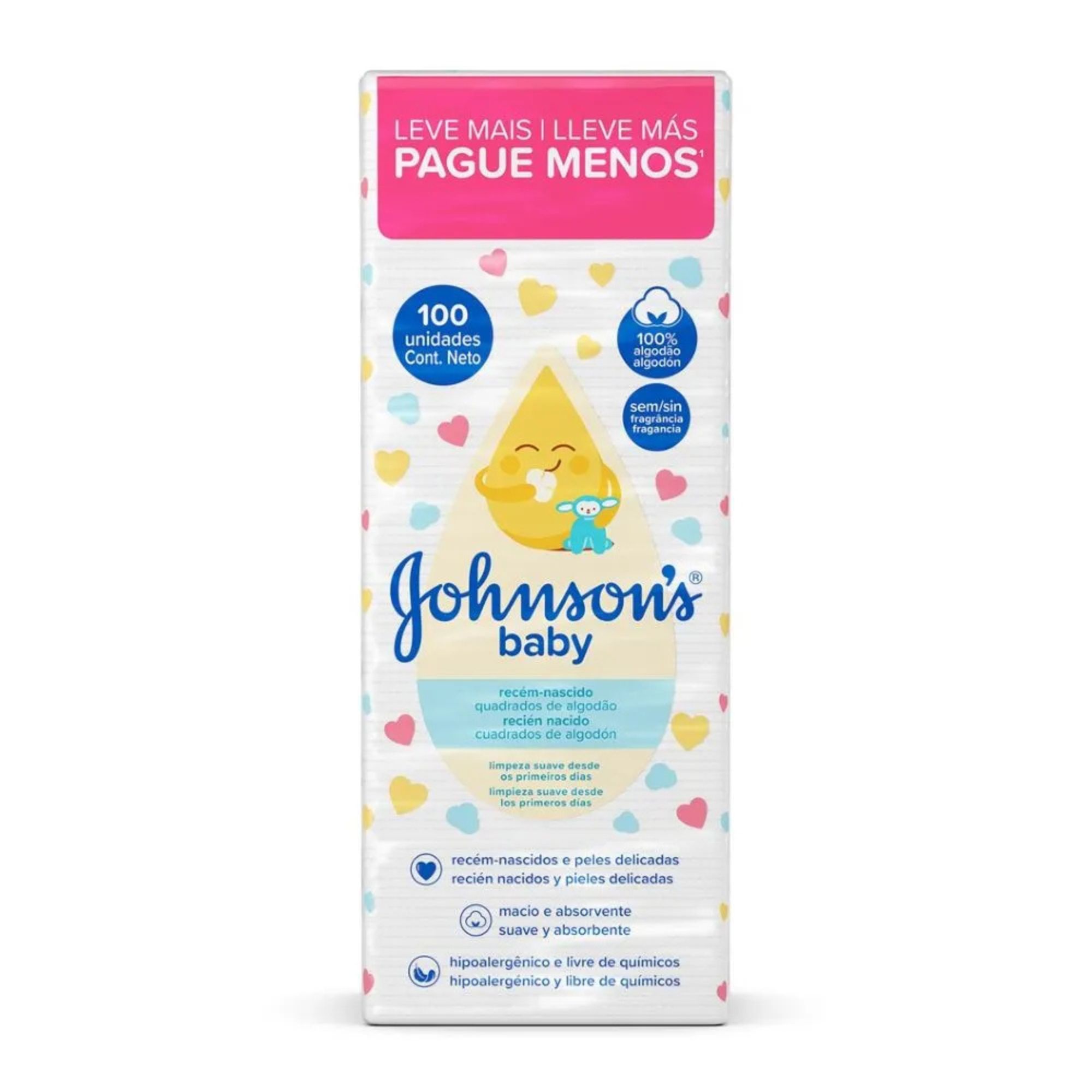 Quadrados de Algodão Johnsons Baby Recém-nascido 100 Unidades